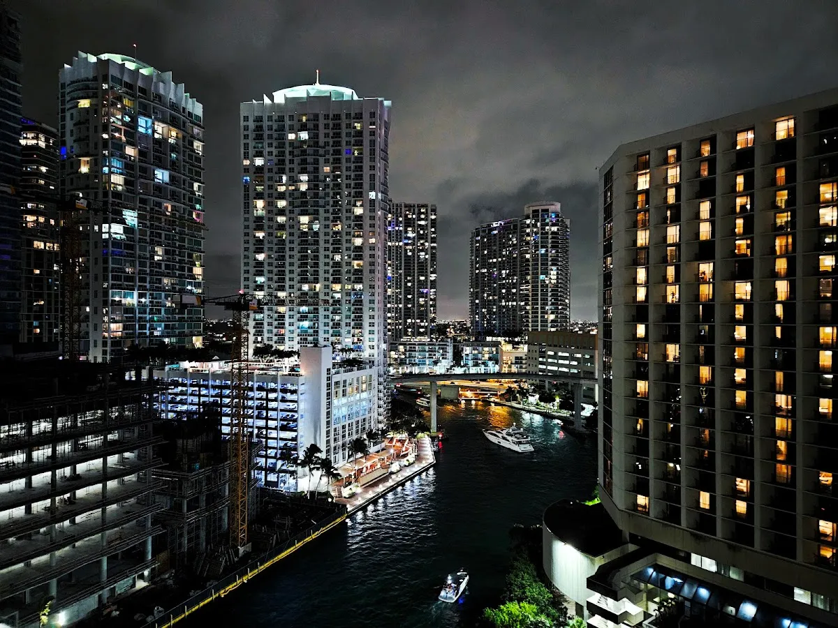 Area 31's rooftop terrace in the evening, overlooking Miami skyline and surroundings views in Downtown Miami, Miami.