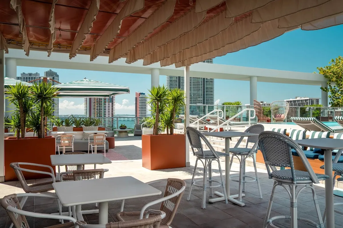 Vista Rooftop Bar and Lounge's rooftop terrace in the evening, Brickell, Miami.